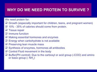 95
WHY DO WE NEED PROTEIN TO SURVIVE ?
We need protein for:
 Growth (especially important for children, teens, and pregnant women)
 10% - 35% of calories should come from protein.
 Tissue repair
 Immune function
 Making essential hormones and enzymes
 Energy when carbohydrate is not available
 Preserving lean muscle mass
 Synthesis of enzymes, hormones all antibodies
 Control Fluid movement in the body
 Buffer(PH control): Due to the carboxyl or acid group (-COO) and amino
or basic group (- NH2
)
 