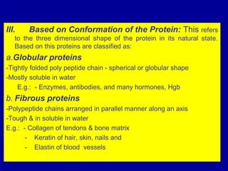 98
III. Based on Conformation of the Protein: This refers
to the three dimensional shape of the protein in its natural state.
Based on this proteins are classified as:
a.Globular proteins
-Tightly folded poly peptide chain - spherical or globular shape
-Mostly soluble in water
E.g.: - Enzymes, antibodies, and many hormones, Hgb
b. Fibrous proteins
-Polypeptide chains arranged in parallel manner along an axis
-Tough & in soluble in water
E.g.: - Collagen of tendons & bone matrix
- Keratin of hair, skin, nails and
- Elastin of blood vessels
 