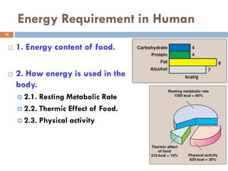 Energy Requirement in Human
Friday, January 27, 2017
18
 1. Energy content of food.
 2. How energy is used in the
body.
 2.1. Resting Metabolic Rate
 2.2. Thermic Effect of Food.
 2.3. Physical activity
 