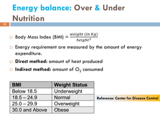 Energy balance: Over & Under
Nutrition23
 Body Mass Index (BMI) =
𝑤𝑒𝑖𝑔ℎ𝑡 (𝑖𝑛 𝐾𝑔)
ℎ𝑒𝑖𝑔ℎ𝑡2
 Energy requirement are measured by the amount of energy
expenditure.
 Direct method: amount of heat produced
 Indirect method: amount of O2 consumed
Reference: Center for Disease Control
 