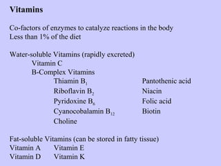Vitamins
Co-factors of enzymes to catalyze reactions in the body
Less than 1% of the diet
Water-soluble Vitamins (rapidly excreted)
Vitamin C
B-Complex Vitamins
Thiamin B1 Pantothenic acid
Riboflavin B2 Niacin
Pyridoxine B6 Folic acid
Cyanocobalamin B12 Biotin
Choline
Fat-soluble Vitamins (can be stored in fatty tissue)
Vitamin A Vitamin E
Vitamin D Vitamin K
 