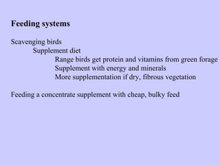 Feeding systems
Scavenging birds
Supplement diet
Range birds get protein and vitamins from green forage
Supplement with energy and minerals
More supplementation if dry, fibrous vegetation
Feeding a concentrate supplement with cheap, bulky feed
 