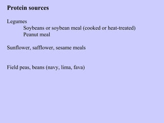 Protein sources
Legumes
Soybeans or soybean meal (cooked or heat-treated)
Peanut meal
Sunflower, safflower, sesame meals
Field peas, beans (navy, lima, fava)
 
