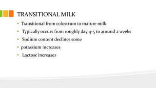 TRANSITIONAL MILK
• Transitional from colostrum to mature milk
• Typically occurs from roughly day 4-5 to around 2 weeks
• Sodium content declines some
• potassium increases
• Lactose increases
 