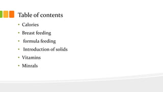 Table of contents
• Calories
• Breast feeding
• formula feeding
• Introduction of solids
• Vitamins
• Minrals
 