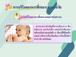 การบริโภคอาหารที่เหมาะสมตามวัย
สารอาหารสําคัญที่ทารกตองการ คือ
พลังงาน และโปรตีน แหลงโปรตีนและ
พลังงานในชวงแรกเกิดถึง 4 เดือนที่ดีที่สุดคือ
นมแม หลังจากนั้นเพิ่มเติมจากไขเนื้อสัตว
ตางๆ ตับ และไขแดง
 