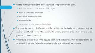  Next to water, protein is the most abundant component of the body.
 It accounts for about a sixth of the live body weight
 a third of it is found in the muscles,
 a fifth in the bones and cartilage,
 a tenth in the skin
 the remainder in other tissues and body fluids.
 There are thousands of different specific proteins in the body, each having a unique
structure and function. For this reason, the word protein implies not one but a large
group of complex compounds.
 Proteins are present in all living tissues, both plant and animal. They are essential to life
because vital parts of the nucleus and protoplasts of every cell are proteins.
 