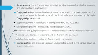  Simple proteins yield only amino acids on hydrolysis. Albumins, globulins, glutelins, prolamins
and albuminoids are simple proteins.
 Conjugated proteins are combinations of simple proteins with non-protein substances. The
combinations result in formations, which are functionally very important to the body.
Conjugated proteins include:
• Lipoproteins (proteins + lipids) found in blood plasma (HDL, LDL, VLDL, etc.).
• Nucleoproteins (proteins + nucleic acids) found in cells (RNA, DNA).
•Mucoproteins and glycoproteins (proteins + polysaccharides) found in gastric secretion (mucin).
• Phosphoproteins (proteins + phosphoric acid) are found in milk, e.g., casein.
• Metalloproteins (proteins + metals) are found in ferritin, hemosidirin.
 Derived proteins are proteoses, peptones and peptides formed in the various stages of
protein metabolism.
 