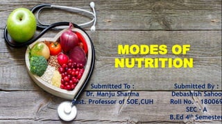 MODES OF
NUTRITION
Submitted To :
Dr. Manju Sharma
Asst. Professor of SOE,CUH
Submitted By :
Debashish Sahoo
Roll No. – 180069
SEC – A
B.Ed 4th Semester
 