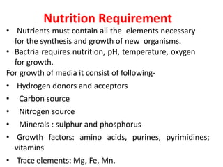 Nutrition Requirement
• Nutrients must contain all the elements necessary
for the synthesis and growth of new organisms.
• Bactria requires nutrition, pH, temperature, oxygen
for growth.
For growth of media it consist of following-
• Hydrogen donors and acceptors
• Carbon source
• Nitrogen source
• Minerals : sulphur and phosphorus
• Growth factors: amino acids, purines, pyrimidines;
vitamins
• Trace elements: Mg, Fe, Mn.
 