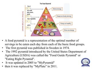 • A food pyramid is a representation of the optimal number of
servings to be eaten each day from each of the basic food groups.
• The first pyramid was published in Sweden in 1974.
• The 1992 pyramid introduced by the United States Department of
Agriculture (USDA) was called the "Food Guide Pyramid" or
"Eating Right Pyramid".
• It was updated in 2005 to "MyPyramid"
• then it was replaced by "MyPlate" in 2011.
 
