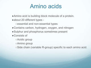 Amino acids
●Amino acid is building block molecule of a protein.
●about 20 different types -
○essential and non-essential types
●Contains carbon, hydrogen, oxygen, and nitrogen
●Sulphur and phosphorus sometimes present
●Consists of
○Acidic group
○Amino group
○Side chain (variable R-group) specific to each amino acid.
 