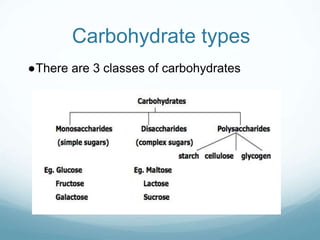 Carbohydrate types
●There are 3 classes of carbohydrates
 