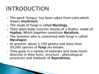  The word ‘fungus’ has been taken from Latin,which
means mushroom.
 The study of fungi is called Mycology.
 Their plant body consists mostly of a thallus, made of
Hyphae, Which together constitute Mycelium.
 The Scientist who is concerned with fungi is called
Mycologist.
 At present, about 5,100 genera and more than
50,000 species of fungi are known.
 They grow in a variety of habitiats and show much
diversity in their form, structure , physiological
processes and methods of Reprodction.
 