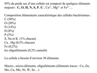 95% du poids sec d’une cellule est composé de quelques éléments
majeurs : C, O, H, N, S, P, K+, Ca2+, Mg2+ et Fe2+…
Composition élémentaire caractéristique des cellules bactériennes :
C (50%)
O (20%)
N (14%)
H (8%)
P (3%)
S, Na et K (1% chacun)
Ca , Mg (0,5% chacun)
Fe (0,2%)
les oligoéléments (0,2% cumulé)
La cellule a besoin d’environ 30 éléments.
Macro-, micro-éléments, oligoéléments (éléments traces : Co, Zn,
Mo, Cu, Mn, Ni, W, Se…)
 