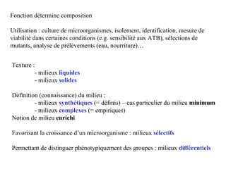 Fonction détermine composition
Utilisation : culture de microorganismes, isolement, identification, mesure de
viabilité dans certaines conditions (e.g. sensibilité aux ATB), sélections de
mutants, analyse de prélèvements (eau, nourriture)…
Texture :
- milieux liquides
- milieux solides
Définition (connaissance) du milieu :
- milieux synthétiques (= définis) – cas particulier du milieu minimum
- milieux complexes (= empiriques)
Notion de milieu enrichi
Favorisant la croissance d’un microorganisme : milieux sélectifs
Permettant de distinguer phénotypiquement des groupes : milieux différentiels
 