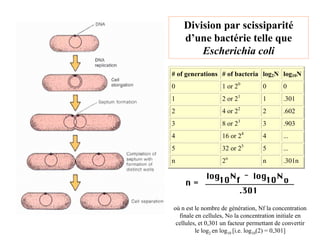 # of generations # of bacteria log2N log10N
0 1 or 20
0 0
1 2 or 21
1 .301
2 4 or 22
2 .602
3 8 or 23
3 .903
4 16 or 24
4 ...
5 32 or 25
5 ...
n 2n
n .301n
Division par scissiparité
d’une bactérie telle que
Escherichia coli
où n est le nombre de génération, Nf la concentration
finale en cellules, No la concentration initiale en
cellules, et 0,301 un facteur permettant de convertir
le log2 en log10 [i.e. log10(2) = 0,301]
 