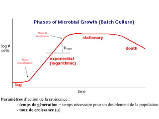 Phase
d’accélération
Phase de
décélération
Paramètres d’action de la croissance :
- temps de génération = temps nécessaire pour un doublement de la population
- taux de croissance (µ)
µexpo
 