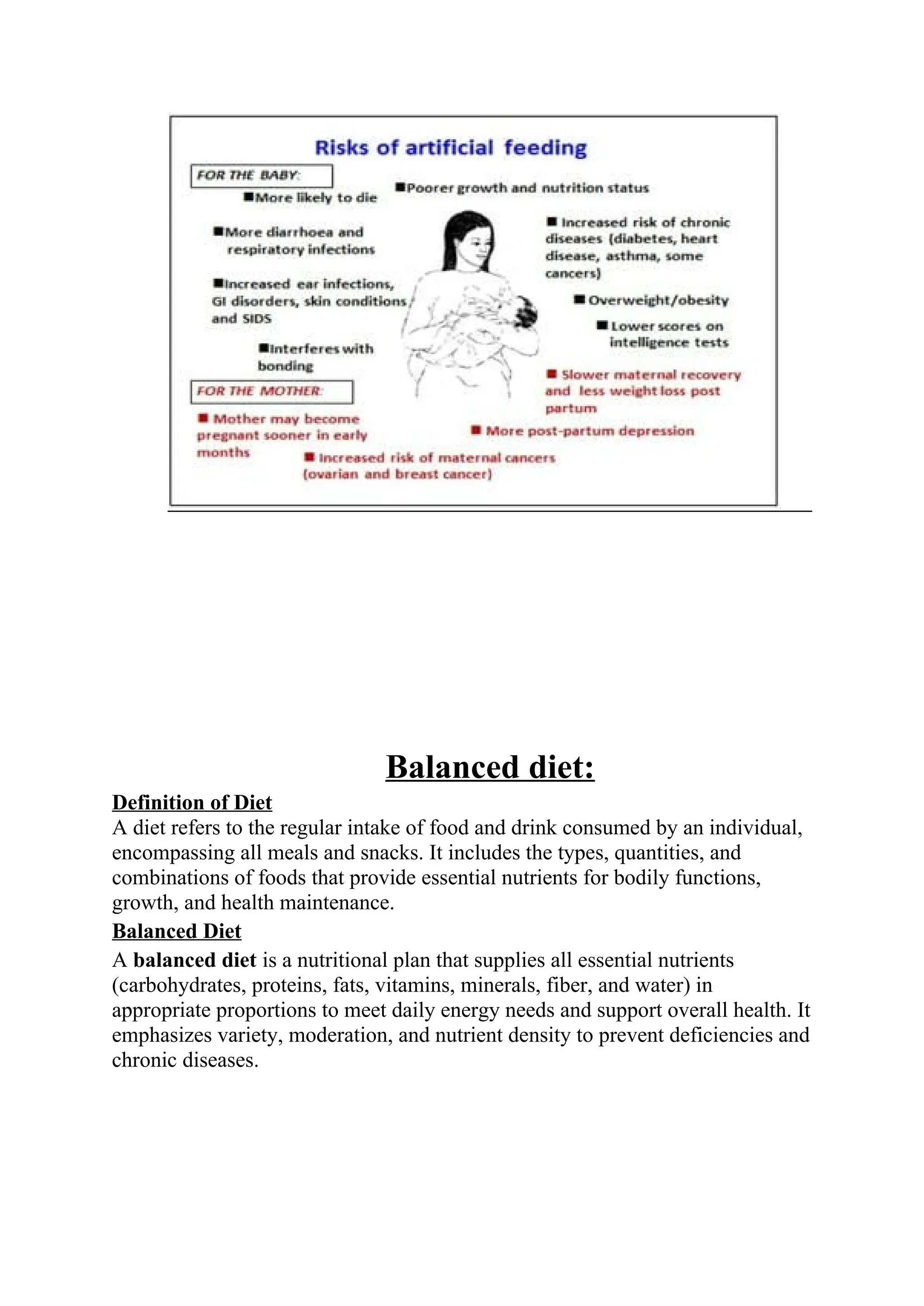 Balanced diet:
Definition of Diet
A diet refers to the regular intake of food and drink consumed by an individual,
encompassing all meals and snacks. It includes the types, quantities, and
combinations of foods that provide essential nutrients for bodily functions,
growth, and health maintenance.
Balanced Diet
A balanced diet is a nutritional plan that supplies all essential nutrients
(carbohydrates, proteins, fats, vitamins, minerals, fiber, and water) in
appropriate proportions to meet daily energy needs and support overall health. It
emphasizes variety, moderation, and nutrient density to prevent deficiencies and
chronic diseases.
 