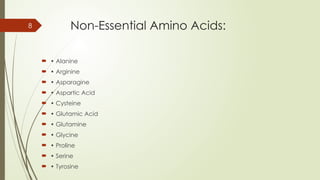 8 Non-Essential Amino Acids:
 • Alanine
 • Arginine
 • Asparagine
 • Aspartic Acid
 • Cysteine
 • Glutamic Acid
 • Glutamine
 • Glycine
 • Proline
 • Serine
 • Tyrosine
 