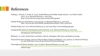 References
Fielding, J., Teutsch, S., & Koh, H. (2012). Health Reform and Healthy People Initiative. Am J Public Health,
102(1), 30-33. Retrieved February 11, 2016, from
http://www.ncbi.nlm.nih.gov/pmc/articles/PMC3490564/
Healthy People 2010 Final Review. (2013, January 22). Retrieved February 10, 2016, from
http://www.cdc.gov/nchs/healthy_people/hp2010/hp2010_final_review.htm
Healthy People 2020. (n.d.). Retrieved February 09, 2016, from http://www.healthypeople.gov/
Leading Health Indicators Development and Framework. (n.d.). Retrieved February 09, 2016, from
http://www.healthypeople.gov/2020/leading-health-indicators/Leading-Health-Indicators-
Development-and-Framework
Milstead, J. A. (2016). Health Policy and Politics (5th ed.). Burlington, MA: Jones and Bartlett Learning.
National Prevention Strategy: America's Plan for Better Health and Wellness. (2014, January 17). Retrieved February
09, 2016, from http://www.cdc.gov/Features/PreventionStrategy/
Overweight and Obesity Statistics. (2012, October). Retrieved February 09, 2016, from
http://www.niddk.nih.gov/health-information/health-statistics/Pages/overweight-obesity-
statistics.aspx
 