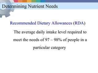 Determining Nutrient Needs


   Recommended Dietary Allowances (RDA)

     The average daily intake level required to
     meet the needs of 97 – 98% of people in a
                particular category
 