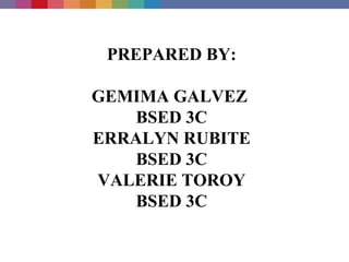 PREPARED BY:

GEMIMA GALVEZ
    BSED 3C
ERRALYN RUBITE
    BSED 3C
VALERIE TOROY
    BSED 3C
 