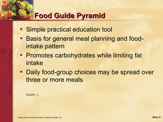 Food Guide Pyramid <ul><li>Simple practical education tool </li></ul><ul><li>Basis for general meal planning and food-inta...