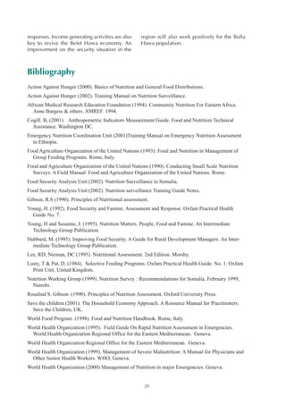 responses. Income generating activities are also
key to revive the Belet Hawa economy. An
improvement on the security situation in the

region will also work positively for the Bulla
Hawa population.

Bibliography
Action Against Hunger (2000). Basics of Nutrition and General Food Distributions.
Action Against Hunger (2002). Training Manual on Nutrition Surveillance.
African Medical Research Education Foundation (1994). Community Nutrition For Eastern Africa.
Anne Burgess & others. AMREF. 1994.
Cogill. B, (2001) Anthropometric Indicators Measurement Guide. Food and Nutrition Technical
Assistance. Washington DC.
Emergency Nutrition Coordination Unit (2001)Training Manual on Emergency Nutrition Assessment
in Ethiopia.
Food Agriculture Organization of the United Nations (1993): Food and Nutrition in Management of
Group Feeding Programs. Rome, Italy.
Food and Agriculture Organization of the United Nations (1990). Conducting Small Scale Nutrition
Surveys. A Field Manual. Food and Agriculture Organization of the United Nations. Rome.
Food Security Analysis Unit (2002). Nutrition Surveillance in Somalia.
Food Security Analysis Unit (2002). Nutrition surveillance Training Guide Notes.
Gibson, R.S (1990). Principles of Nutritional assessment.
Young, H. (1992). Food Security and Famine. Assessment and Response. Oxfam Practical Health
Guide No. 7.
Young, H and Susanne, J. (1995). Nutrition Matters. People, Food and Famine. An Intermediate
Technology Group Publication.
Hubbard, M. (1995). Improving Food Security. A Guide for Rural Development Managers. An Intermediate Technology Group Publication.
Lee, RD; Nieman, DC (1995). Nutritional Assessment. 2nd Edition. Morsby.
Lusty, T & Pat, D. (1984). Selective Feeding Programs. Oxfam Practical Health Guide. No. 1. Oxfam
Print Unit. United Kingdom.
Nutrition Working Group (1999). Nutrition Survey : Recommendations for Somalia. February 1999,
Nairobi.
Rosalind S. Gibson: (1990). Principles of Nutrition Assessment. Oxford University Press.
Save the children (2001). The Household Economy Approach. A Resource Manual for Practitioners.
Save the Children, UK.
World Food Program (1998). Food and Nutrition Handbook. Rome, Italy.
World Health Organization (1995). Field Guide On Rapid Nutrition Assessment in Emergencies.
World Health Organization Regional Office for the Eastern Mediterranean. Geneva.
World Health Organization Regional Office for the Eastern Mediterranean. Geneva.
World Health Organization (1999). Management of Severe Malnutrition: A Manual for Physicians and
Other Senior Health Workers. WHO, Geneva.
World Health Organization (2000) Management of Nutrition in major Emergencies. Geneva.

35

 