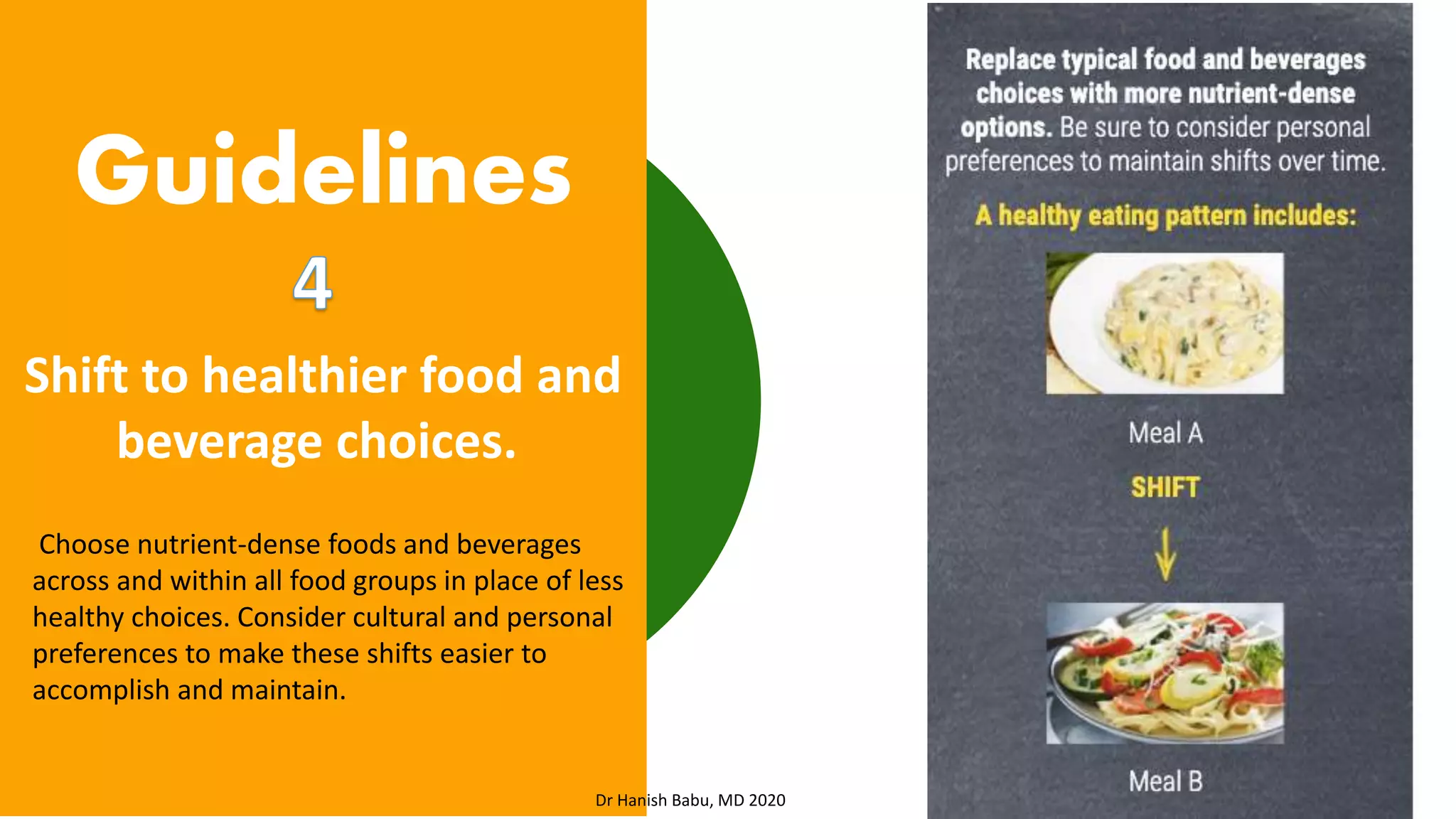 Shift to healthier food and
beverage choices.
Guidelines
Choose nutrient-dense foods and beverages
across and within all food groups in place of less
healthy choices. Consider cultural and personal
preferences to make these shifts easier to
accomplish and maintain.
Dr Hanish Babu, MD 2020
 