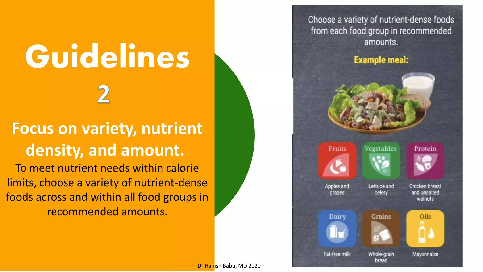 Focus on variety, nutrient
density, and amount.
To meet nutrient needs within calorie
limits, choose a variety of nutrient-dense
foods across and within all food groups in
recommended amounts.
Guidelines
Dr Hanish Babu, MD 2020
 