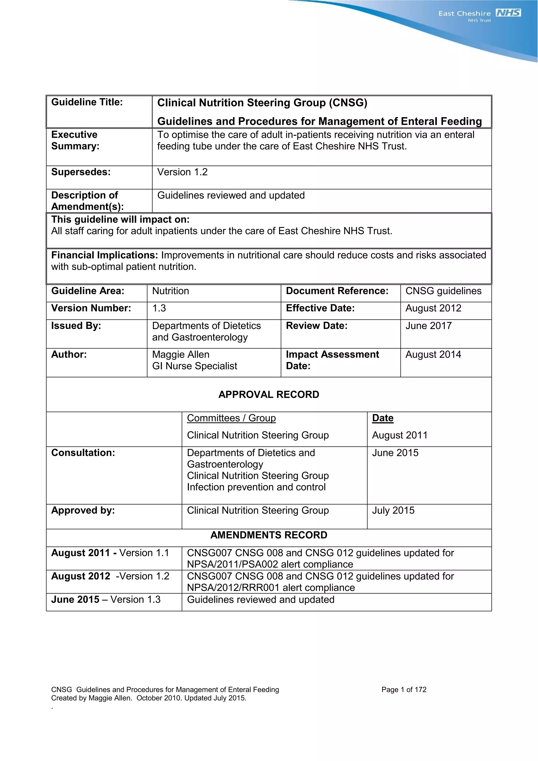 Nutrition management of enteral feeding - guidelines and procedures ...