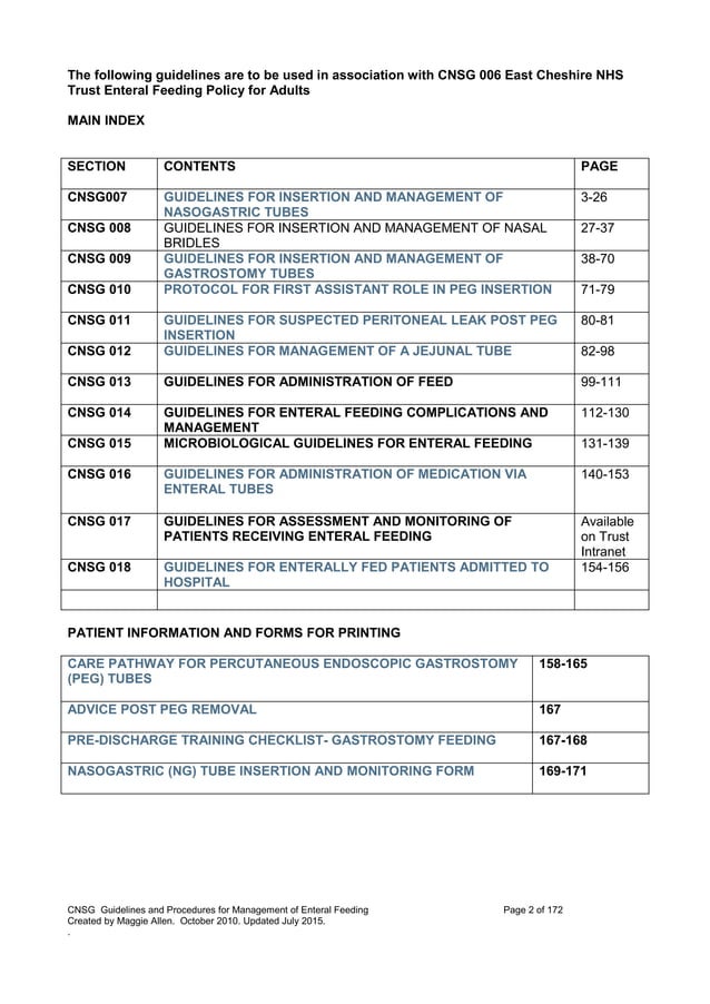 Nutrition management of enteral feeding - guidelines and procedures ...