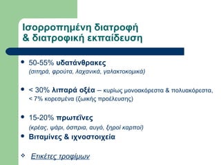 Ισορροπημένη διατροφή
& διατροφική εκπαίδευση
 50-55% υδατάνθρακες
(σιτηρά, φρούτα, λαχανικά, γαλακτοκομικά)
 < 30% λιπαρά οξέα – κυρίως μονοακόρεστα & πολυακόρεστα,
< 7% κορεσμένα (ζωικής προέλευσης)
 15-20% πρωτεΐνες
(κρέας, ψάρι, όσπρια, αυγό, ξηροί καρποί)
 Βιταμίνες & ιχνοστοιχεία
 Ετικέτες τροφίμων
 