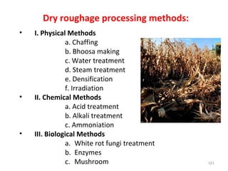Dry roughage processing methods:
• I. Physical Methods
a. Chaffing
b. Bhoosa making
c. Water treatment
d. Steam treatment
...