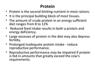Protein
• Protein is the second limiting nutrient in most rations.
• It is the principal building block of most tissues.
•...