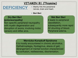 Mainly hits the peripheral
nerves, brain and heart.

Beri Beri
VITAMIN B1 (Thiamine)
DEFICIENCY
Dry Beri Beri
(poluneuropathy)
Non speciﬁc peripheral neuropathy
with myelin degeneration and
disruption of axons, involving motor,
sensory and reﬂex arcs.
Wet Beri Beri

It leads to peripheral
vasodilation,
subsequently more rapid
AV shunting of blood.
Peripheral edema. 

Wernicke-Korsakoﬀ Syndrome

It is mostly encountered in chronic alcoholics.

Opthalmoplegia, Nystagmus, ataxia of gait,
derangement of mental function characterized
by confusion, restlessness, disorientation.

 