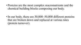 • Proteins are the most complex macronutrients and the
chemical building blocks composing our body.
• In our body, there are 30,000–50,000 different proteins
that are broken down and replaced at various rates
(protein turnover).

 