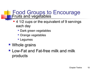 

Food Groups to Encourage

Fruits and vegetables


4 1/2 cups or the equivalent of 9 servings
each day







Dark green vegetables
Orange vegetables
Legumes

Whole grains
Low-Fat and Fat-free milk and milk
products
Chapter Twelve

18

 