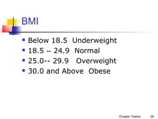 BMI





Below 18.5 Underweight
18.5 -- 24.9 Normal
25.0-- 29.9 Overweight
30.0 and Above Obese

Chapter Twelve

28

 