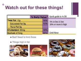 +
    Watch out for these things!




         Bad! Need to limit these

         Things high in fat:
 
