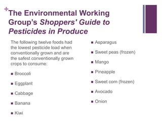 +The Environmental Working
 Group’s Shoppers' Guide to
 Pesticides in Produce
 The following twelve foods had       Asparagus
 the lowest pesticide load when
 conventionally grown and are         Sweet peas (frozen)
 the safest conventionally grown
 crops to consume:                    Mango

    Broccoli                         Pineapple

    Eggplant                         Sweet corn (frozen)

    Cabbage                          Avocado

    Banana                           Onion

    Kiwi
 