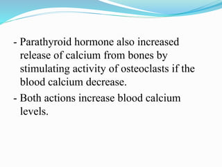 - Parathyroid hormone also increased
release of calcium from bones by
stimulating activity of osteoclasts if the
blood calcium decrease.
- Both actions increase blood calcium
levels.
 