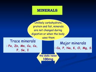 MINERALS Trace minerals :  Fe, Zn, Mn, Cu, Co,  F, Se, I Major minerals :  Ca, P, Na, K, Cl, Mg, S Unlikely carbohydrate, protein and fat, minerals  are not changed during  digestion or when the body  uses them The daily need 100mg 