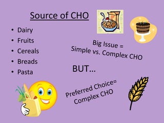Source of CHO
•   Dairy
•   Fruits
•   Cereals
•   Breads
•   Pasta        BUT…
 