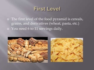  The first level of the food pyramid is cereals,
grains, and derivatives (wheat, pasta, etc.)
 You need 6 to 11 servings daily.
 