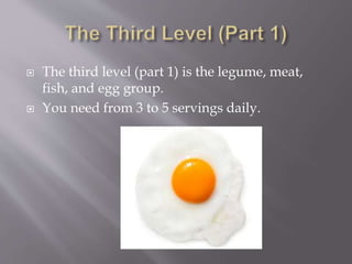  The third level (part 1) is the legume, meat,
fish, and egg group.
 You need from 3 to 5 servings daily.
 