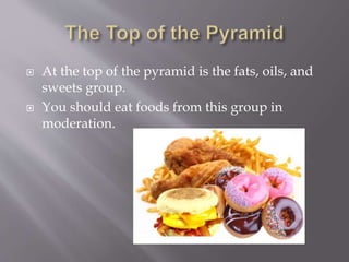  At the top of the pyramid is the fats, oils, and
sweets group.
 You should eat foods from this group in
moderation.
 