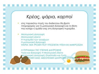 Κρέας, ψάρια, καρποί
 στις παρακάτω πηγές του διαδικτύου θα βρείτε
πληροφορίες για τη μεσογειακή διατροφή και τη θέση
που κατέχει η ομάδα σας στη διατροφική πυραμίδα.
 Μεσογειακή Διατροφή
Μεσογειακή Δίαιτα
Η πυραμίδα των τροφίμων
Η μεσογειακή διατροφή
ΨΑΡΙΑ: ΜΙΑ ΤΡΟΦΗ ΠΟΥ ΥΠΟΣΧΕΤΑΙ ΥΓΕΙΑ ΚΑΙ ΜΑΚΡΟΖΩΙΑ
H ΠΥΡΑΜΙΔΑ ΤΗΣ ΥΓΙΕΙΝΗΣ ΔΙΑΤΡΟΦΗΣ
Υγεία και διατροφή: Η Μεσογειακή δίαιτα
Μεσογειακή Διατροφή: Ελαιόλαδο και Υγεία
Η ΔΙΑΤΡΟΦΗ ΜΑΣ: ΜΕΣΟΓΕΙΑΚΗ ΔΙΑΤΡΟΦΗ (ΠΥΡΑΜΙΔΑ)
 