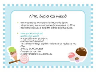 Λίπη, έλαια και γλυκά
 στις παρακάτω πηγές του διαδικτύου θα βρείτε
πληροφορίες για τη μεσογειακή διατροφή και τη θέση
που κατέχει η ομάδα σας στη διατροφική πυραμίδα.
 Μεσογειακή Διατροφή
Μεσογειακή Δίαιτα
Η πυραμίδα των τροφίμων
Η μεσογειακή διατροφή
Τα ελαιόλαδο σώζει καρδιές - τώρα και με τη βούλα του
FDA
ΧΡΗΣΕΙΣ ΕΛΑΙΟΛΑΔΟΥ
Γνωριμία με την ελιά
Η κατανάλωση του ελαιολάδου
 
